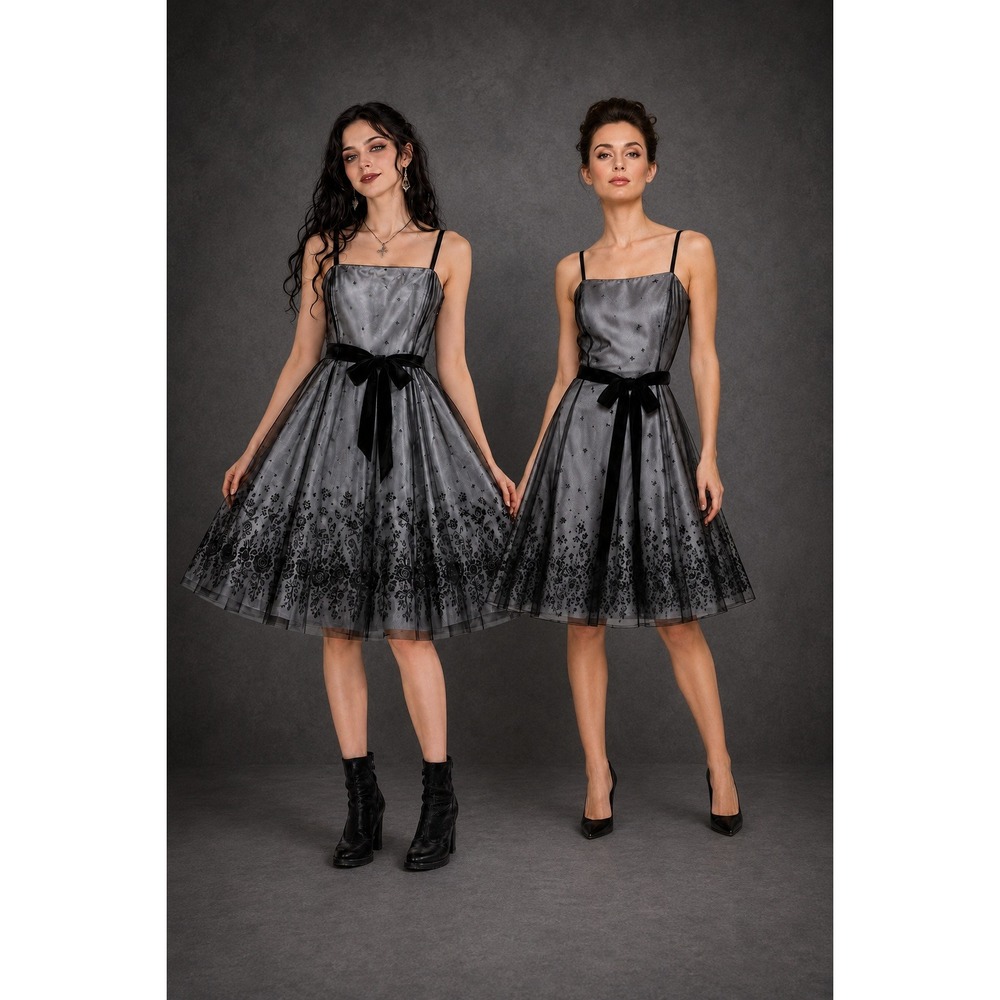Papell Boutique Evening 90s Dress Silver Black Tulle Glitter Floral Mesh Size 4
